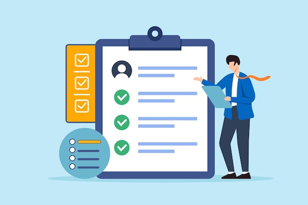 Flat illustration of human resource manager checking candidate questionnaire new hire onboarding checklist vacancy job business interview and HR recruitment