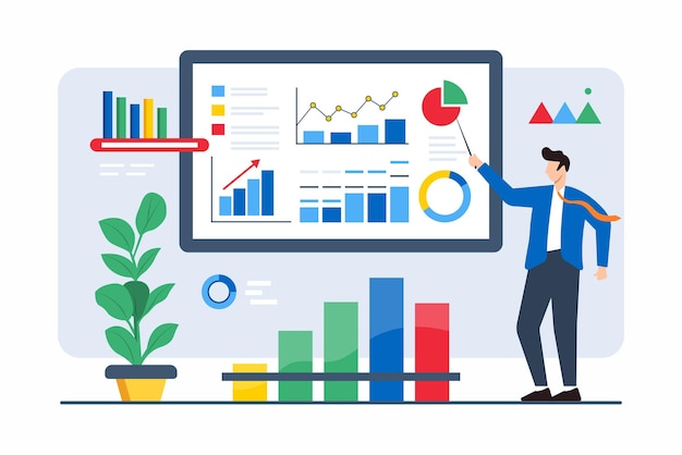 Flat illustration of man analyzing market trends through data visualization for strategic planning