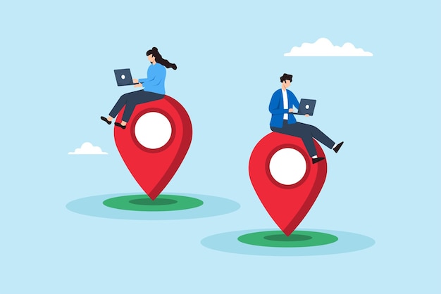 Flat illustration of man and woman work with laptop on different location pin symbolizing digital nomad