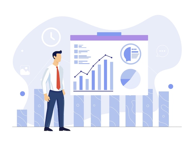 flat illustration of people doing business data research and analysis information chart for business