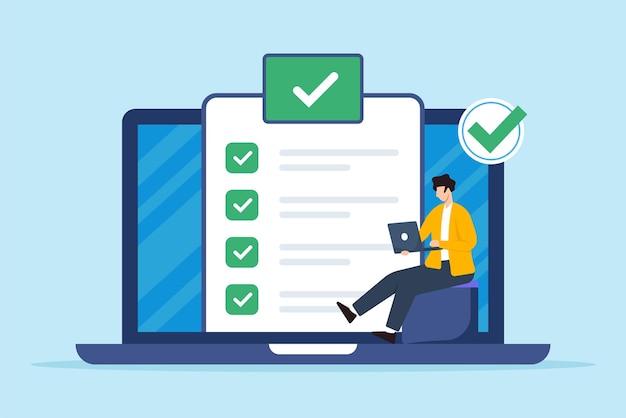 Flat illustration of remote worker complete business checklist on online digital platform