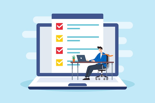 Flat illustration of sales manager fill business checklist on laptop screen in office desk