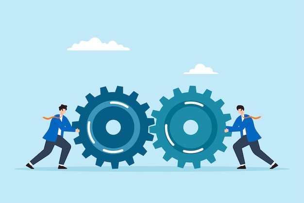 Flat illustration of two businessmen pushing large interlocking gears teamwork collaboration cooperation working together and joint effort in business operations