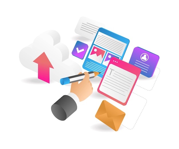 Flat isometric 3d illustration creative data cloud server