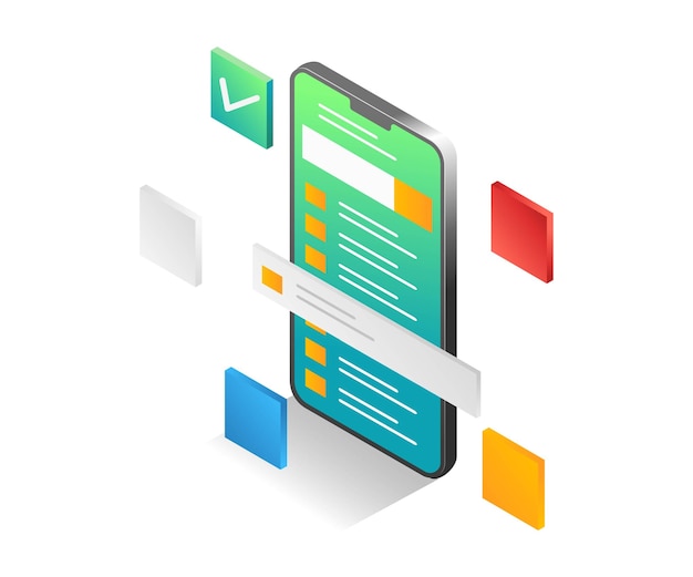 Flat isometric illustration concept the ease of using the smartphone application