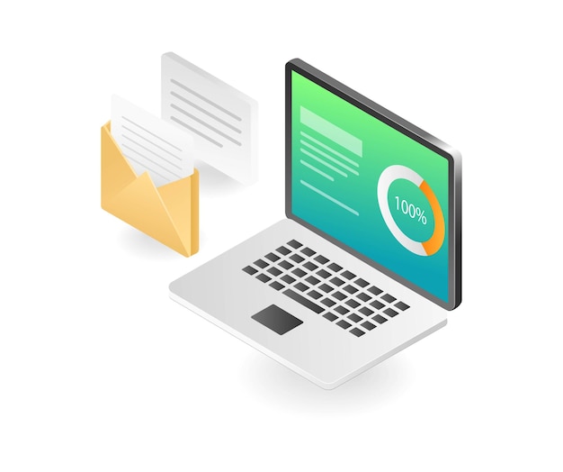 Flat isometric illustration of email data analysis computer concept