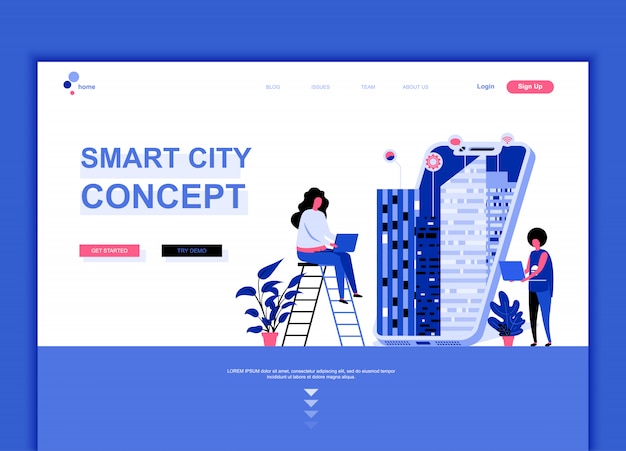 Flat landing page template of Smart City