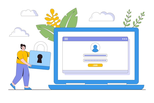 flat laptop computer with people padlock and password security access or verification code notification concept outline design illustration for landing page web banner infographics hero images