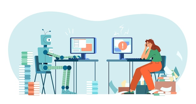 Flat robot vs tired woman at computer in office
