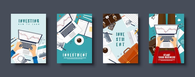 Flat style covers set market trade trading platform account moneymaking business analysis and