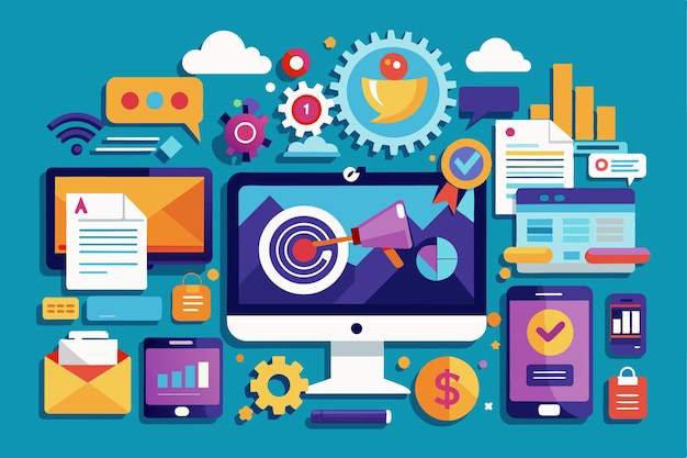 Flat Style Digital Marketing Illustration Emphasizing CrossChannel Marketing