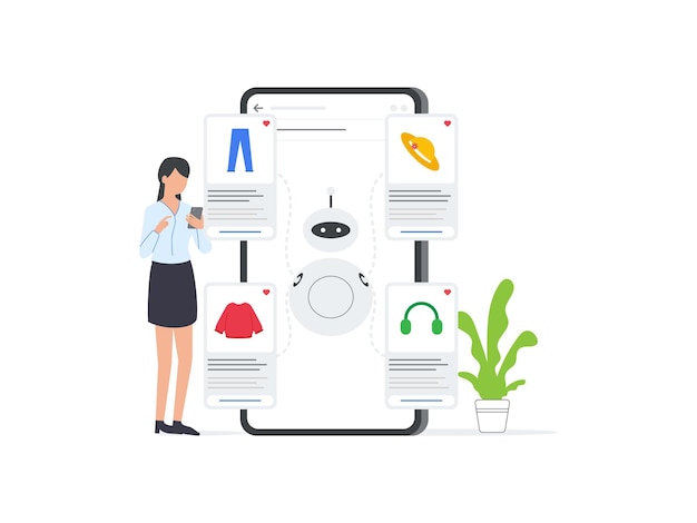 Flat vector illustration of AI robot assists woman in product selection on mobile e commerce