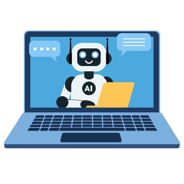 flat vector illustration of artificial intelligence robot on laptop screen virtual conversation