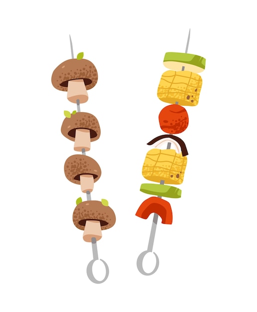 Flat vector illustration of grilled skewers with vegetables and mushrooms Ideal for BBQ picnic