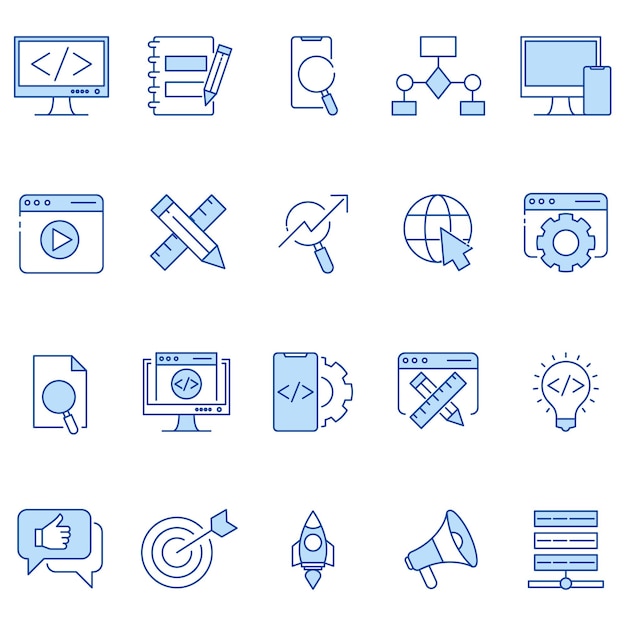 Flat web development icons for coding UI design software tools and responsive layout concepts
