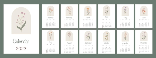 floral design. the week starts on sunday. a wall or table calendar in a minimalist style.