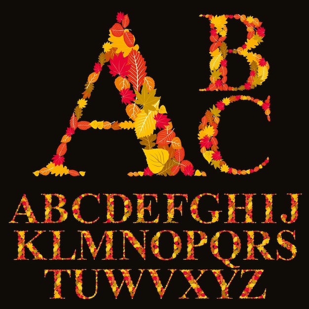 Floral font made with leaves, natural alphabet letters set, vector design.