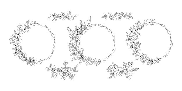 Floral frames Set of outline floral decor for greeting wedding invitations Hand drawn illustration