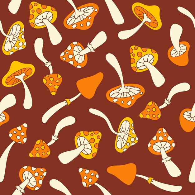 Floral hippie seamless pattern with cute mushrooms on a brown background.