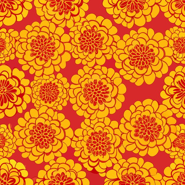 Flowers marigolds of orange and brown colors with green leaves on a light background seamless pattern