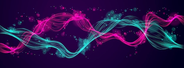 Flowing energy particles, mutual wave of blended dots over dark. Curved dotted 3d double lines vector illustration. 3d futuristic technology style with glowing shining effect.