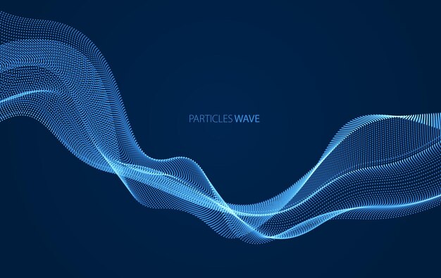 Flowing energy particles, wave of blended dots over dark. Curved dotted 3d lines vector illustration. 3d futuristic technology style with glowing shining effect.
