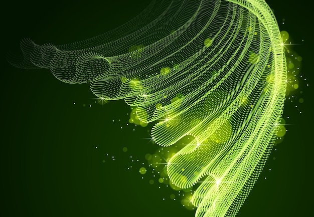 Flowing magic energy particles over dark, wave of blended dots transparent tulle textile on wind. Curved dotted 3d lines vector effect illustration. 3d futuristic style.