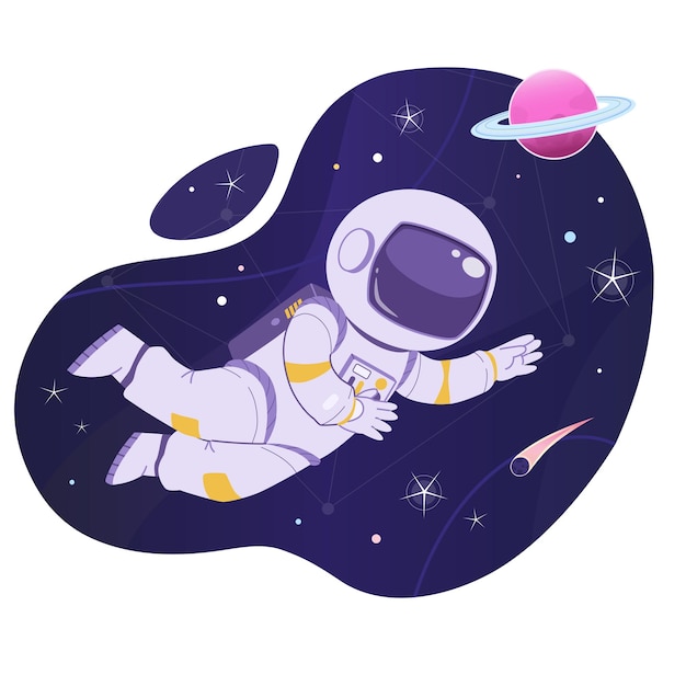 Flying astronaut character in a helmet in outer space