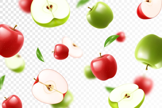 flying red and green juicy apples bright background falling apples realistic page design