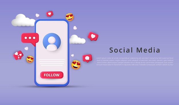 Follow me social media template with realistic 3d mobile phone
