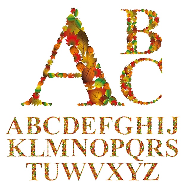 Font made with leaves, floral alphabet letters set, vector design.