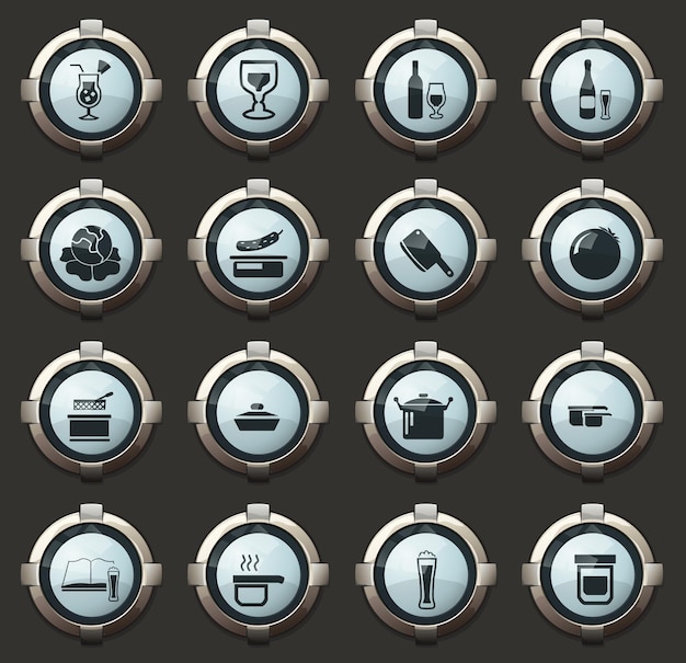 Food and kitchen vector icons in the stylish round buttons for mobile applications and web