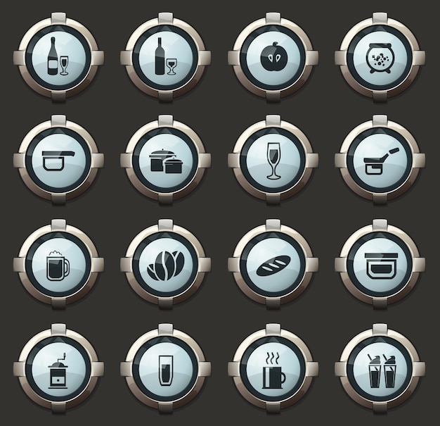 Food and kitchen vector icons in the stylish round buttons for mobile applications and web