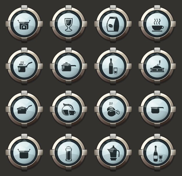 food and kitchen vector icons in the stylish round buttons for mobile applications and web