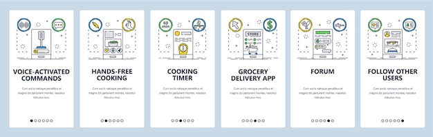 Food cooking web site and mobile app onboarding screens Menu banner vector template for website and application development Grocery delivery and recipe apps cooking tips forum Thin line flat style