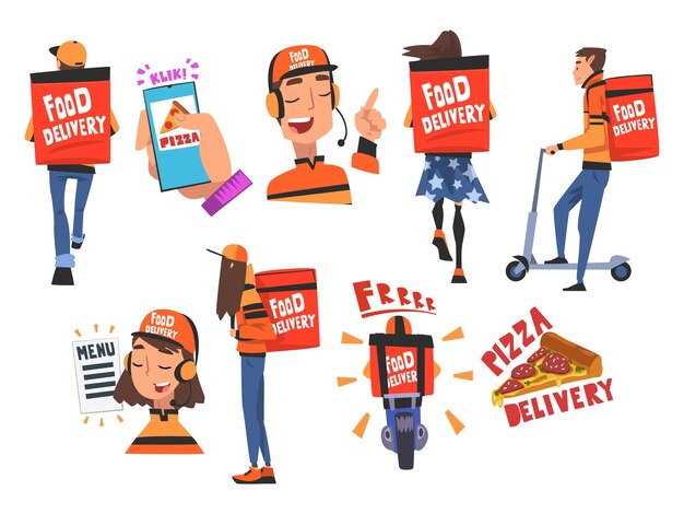 Food Express Delivery Service Set Tasty Pizza Online Ordering Couriers Wearing Red Uniform Carrying Backpack Boxes Cartoon Style Vector Illustration