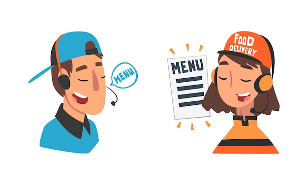 Food Express Delivery Service with Man and Woman Operator in Headset Taking Online Order Vector Set
