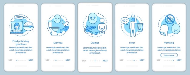 Food poisoning symptom onboarding mobile app page screen vector template
