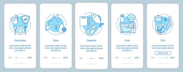 Food safety, hygiene onboarding mobile app page screen vector template