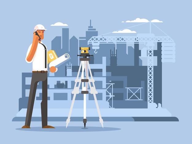 Foreman on construction flat design Builder work on site vector illustration