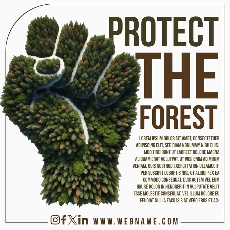 Vektori forest trees environmental poster with hand fist aerial shot