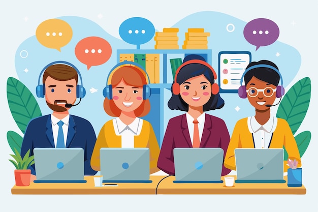 Four customer service representatives support clients via headsets and laptops in a bright office environment Technical support hot line call center opeartors