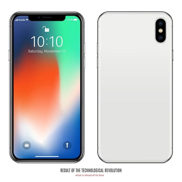 frameless smartphone silver color with colorful screen front and back view on white background