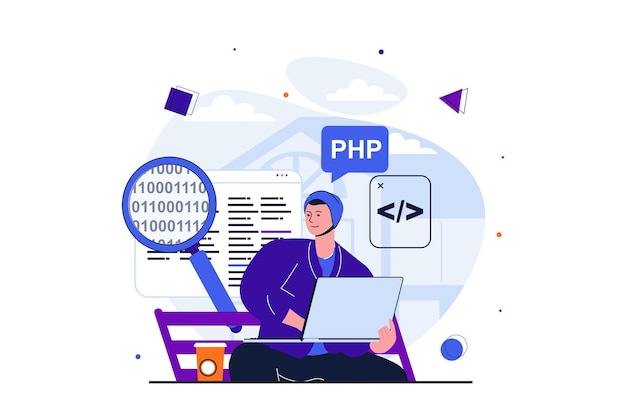 Freelance-työskentely, moderni tasainen konsepti web-bannerin suunnitteluun. Mieskehittäjä ohjelmoi ja koodaa