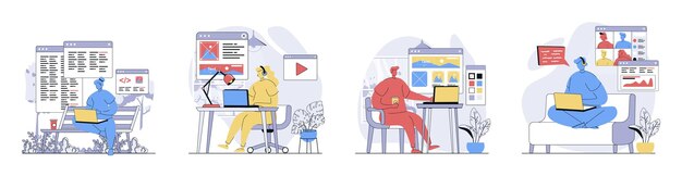 Freelance working concept set in flat design for web Collection with people working remotely from home programing designing sites and content briefing by video calling Vector illustrations