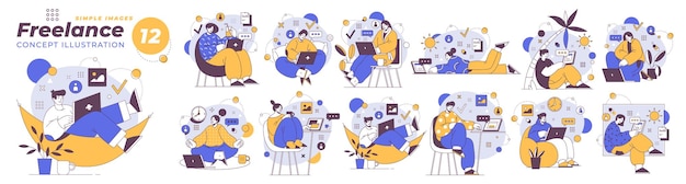 Freelancers characters working on laptop computer