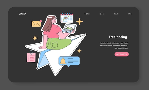 Freelancing depiction with a female professional managing tasks analyzing data and organizing