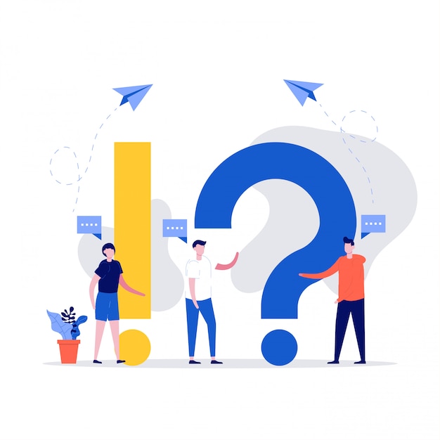 frequently asked questions concept. young woman and man with question and answer. people characters standing near exclamations and questions marks.