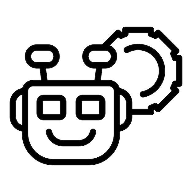 Friendly robot thinking with gear mechanism engaged and smiling