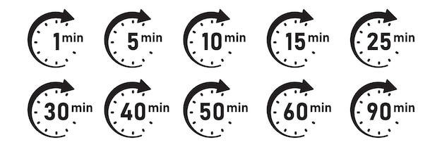 From 1 minite to 90 minutes on stopwatch icon in flat style Clock face timer vector illustration on isolated background Countdown sign business concept